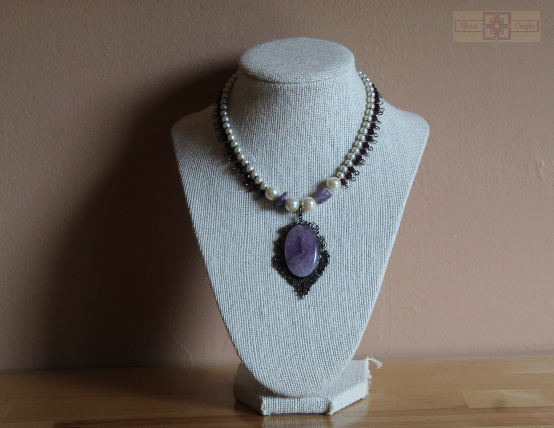 Rosie Crafts Purple Amethyst Pendant Pearl Necklace