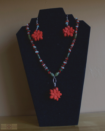 Rosie Crafts Polymer Clay Christmas Poinsettia Earrings and Necklace Set